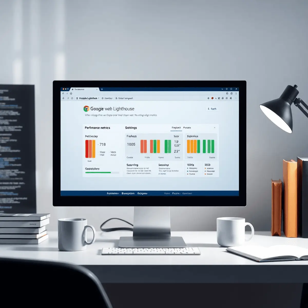 A computer screen shows the Google Chrome Lighthouse interface with performance metrics. A modern workspace includes coding books and a coffee mug in the background.