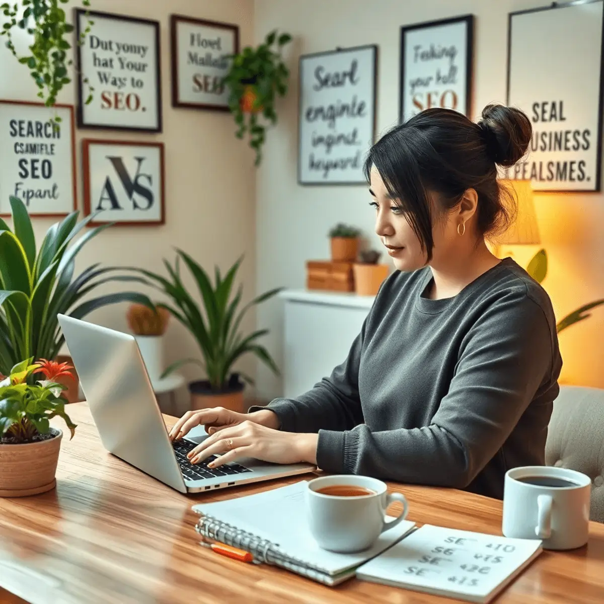 A small business owner working intently on a laptop in a cozy office filled with plants. Nearby, a notepad and a cup of coffee create an inviting atmosphere.